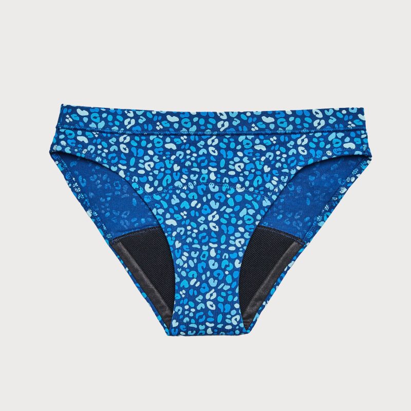 front view of thinx teens bikini in blue leopard