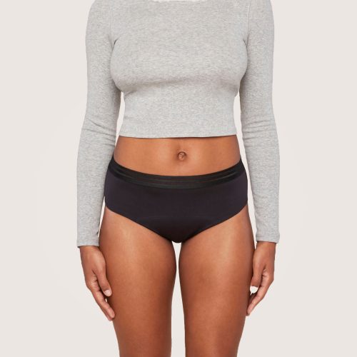 front view thinx for all leaks brief in black