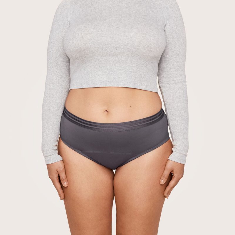 front view thinx for all leaks brief in grey