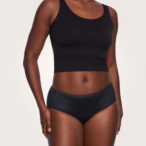 front view of hiphugger bladder leak underwear in black