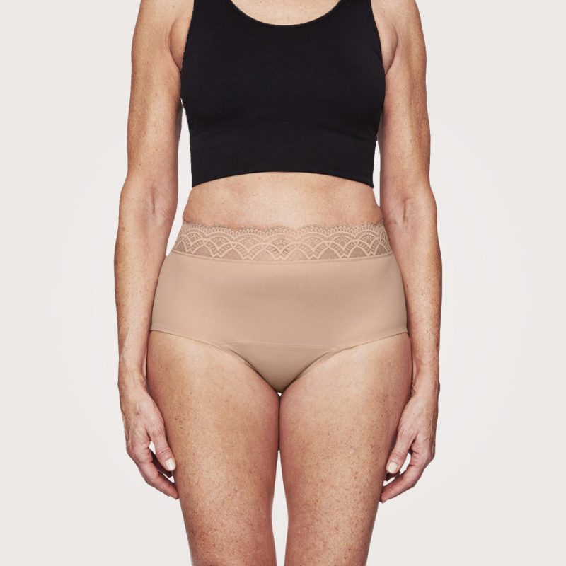 front view of lace hiwaist bladder leak underwear in nude