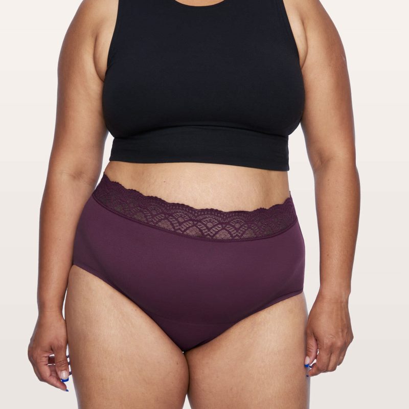 front view of lace hiwaist bladder leak underwear in purple