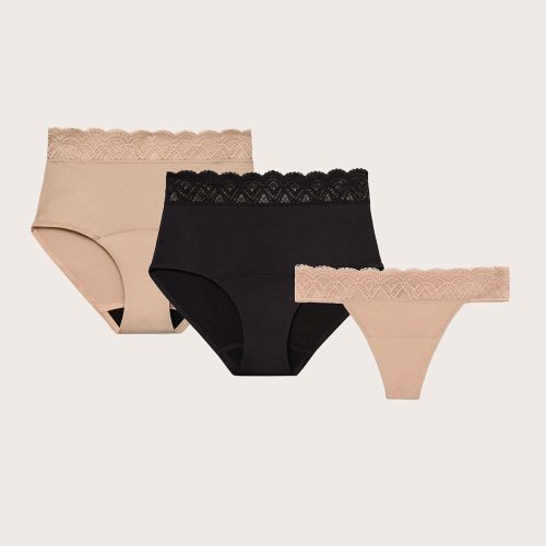 A flatlay of three pairs of Thinx for All Leaks bladder leak underwear in the styles beige Lace Hi-Waist, black Lace Hi-Waist, and beige Thong