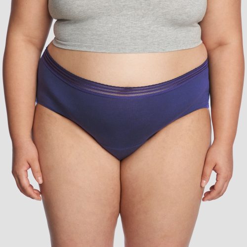 front view of thinx lace brief in indigo