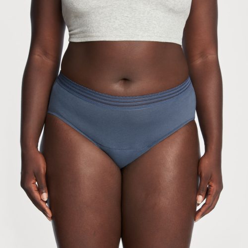 front view of thinx everyday comfort lace hiwaist in blue