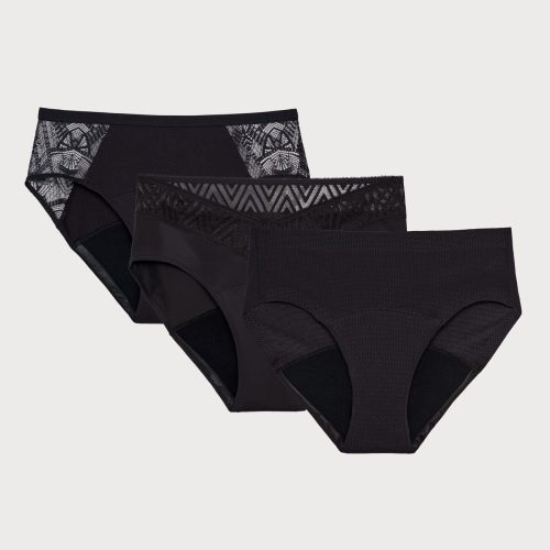 front view of three thinx hiphugger period underwear in black