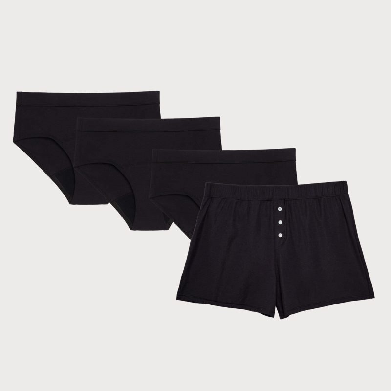 front view of thinx period bikini and sleep shorts in black