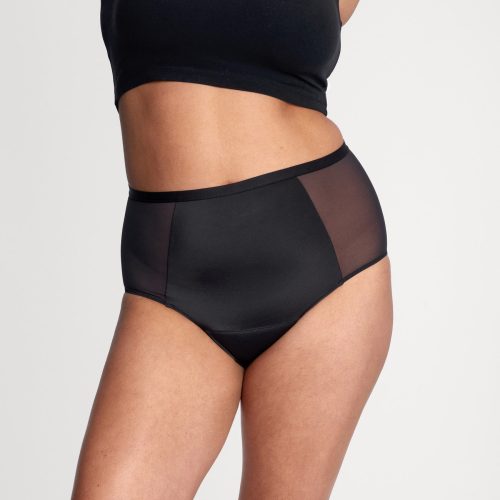 comfort stretch hi-waist black color front side view of underwear::comfortable and flattering fit