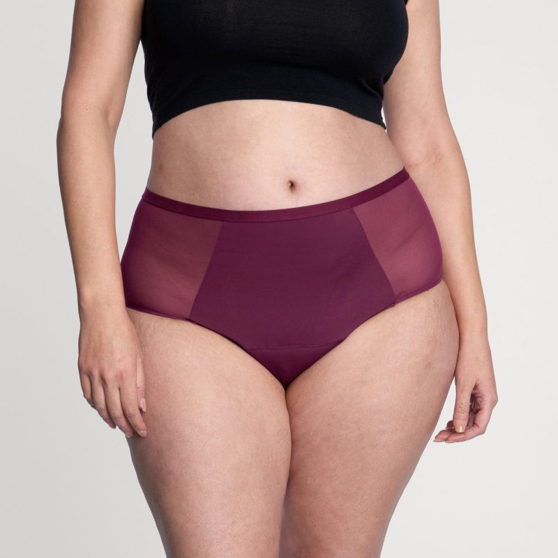 comfort stretch hi-waist plum front side view of underwear::comfortable and flattering fit